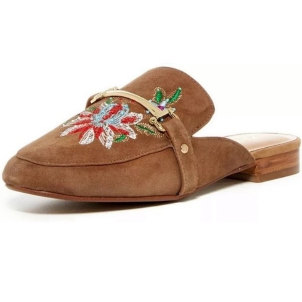 Franco Sarto Devra tan Suede Embroidered flowers Mules Size 9